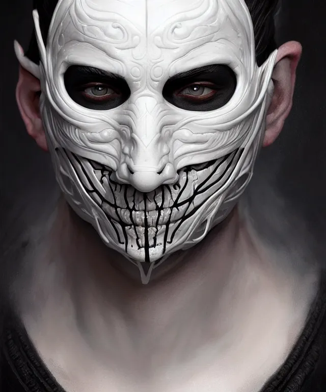 Image similar to white man with black fabric half mask, highly detailed face!!!, true anatomy!, extremely detailed!, digital painting, unreal engine 5, art by tom bagshaw