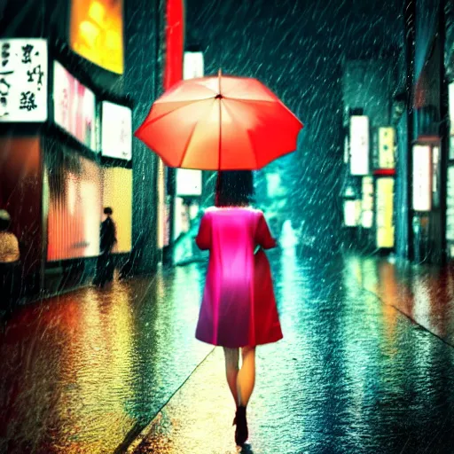 Image similar to a woman holding an umbrella, walking down the streets of tokyo, with neon signs, while it's raining. cinematic lighting, digital art. award winning