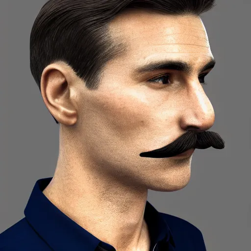 Prompt: A british man with a wide face and skinny neck and body with a mustache and short brown hair, in a black short sleeve shirt, 4k resolution, 8k resolution, HD Quality, highly detailed, very detailed, detailed, studio quality lighting, digital art, trending on artstation, front face, front view