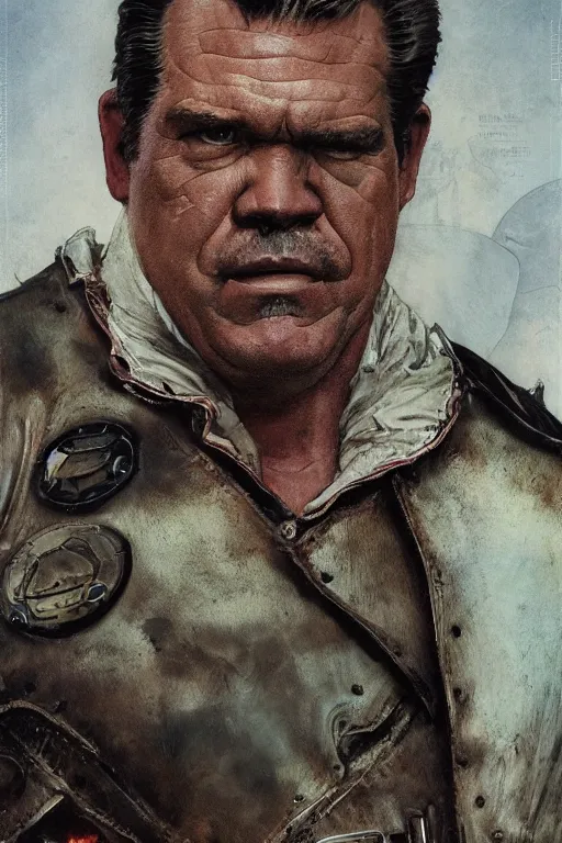 Image similar to upper body portrait of josh brolin as baron harkonnen, wearing old leather spacesuit, dystopian science fiction, dark, horror, illustration by norman rockwell, hans baluschek, artstation character art, john william waterhouse, concept art, greg rutkowski