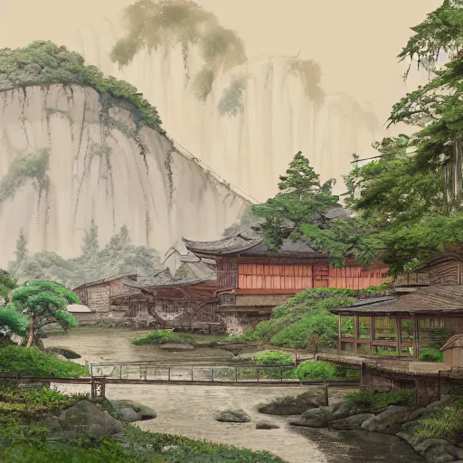 Image similar to concept art painting of a historic mill with japanese architecture, by a river in a woodland village surrounded by trees and mountains, realistic, detailed, cel shaded, in the style of makoto shinkai and greg rutkowski and james gurney