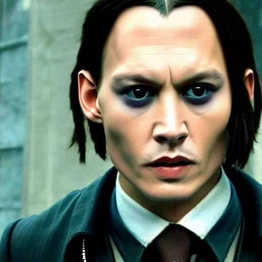 Image similar to Film Still of a Young Adult Johnny Depp playing Tom Riddle in Harry Potter, Film Still, realistic, hyperrealistic, very realistic, very very realistic, highly detailed, very detailed, extremely detailed, detailed, detailed face, very detailed face, very detailed face, realism, HD Quality, 8k resolution, intricate details, body and head in frame, Real Life