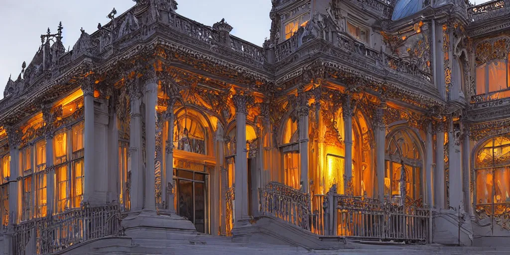 Image similar to extremely detailed ornate stunning sophisticated beautiful elegant victorian museum exterior by Henry Young Darracott Scott and Francis Fowke, stunning volumetric light, stainless steal, concrete, translucent material, beautiful sunset, tail lights