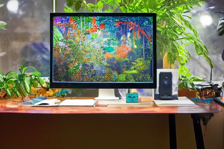 Prompt: a computer on an office desk in an ancient lush forest by tomas cole and mucha and miro, saturate colors, hyper detailed