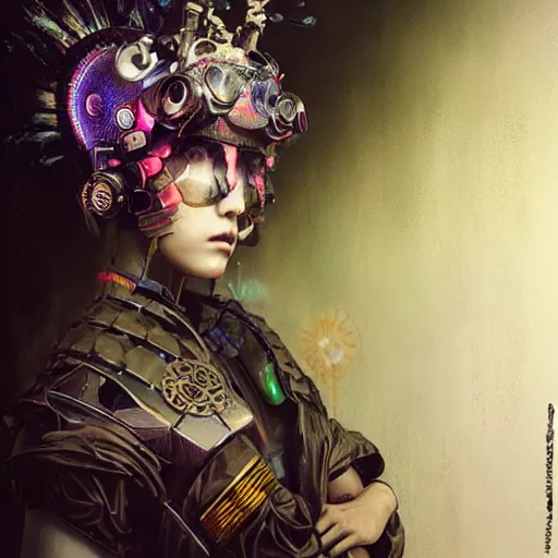 Prompt: cyberpunk geisha warrior by cy Twombly and BASTIEN LECOUFFE DEHARME, iridescent, fractal costume detail, high tech, circuit boards