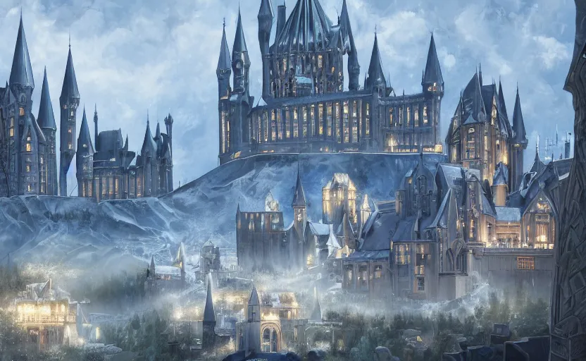 Prompt: a super detailed beautiful painting of futaristic hogwarts by shaddy safadi, 8 k, blue hue, warm lighting, cyberpunk trending on artstation