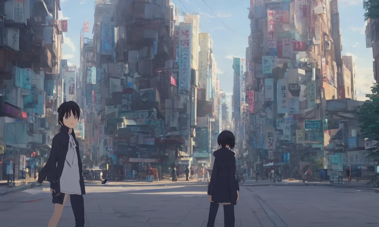 Image similar to A screenshot of the girl on the a seoul city street in the scene in the Makoto Shinkai anime film Kimi no na wa, pretty rim highlights and specular