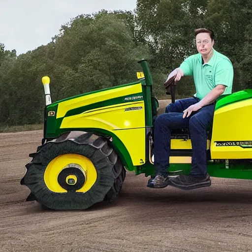 Image similar to award winning photograph, elon musk driving a john deere