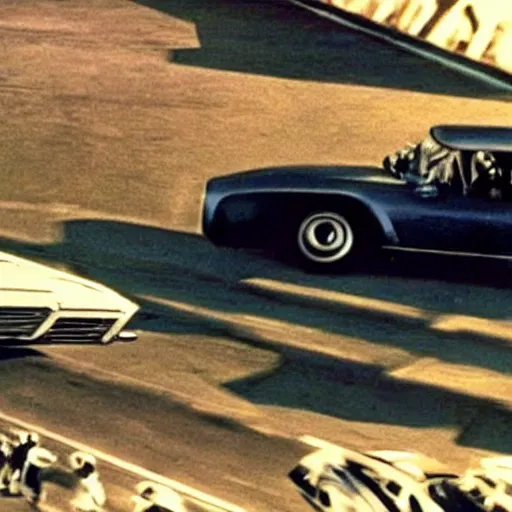 Image similar to car chased by anothrr car which is flying in the sky, movie still of James bond