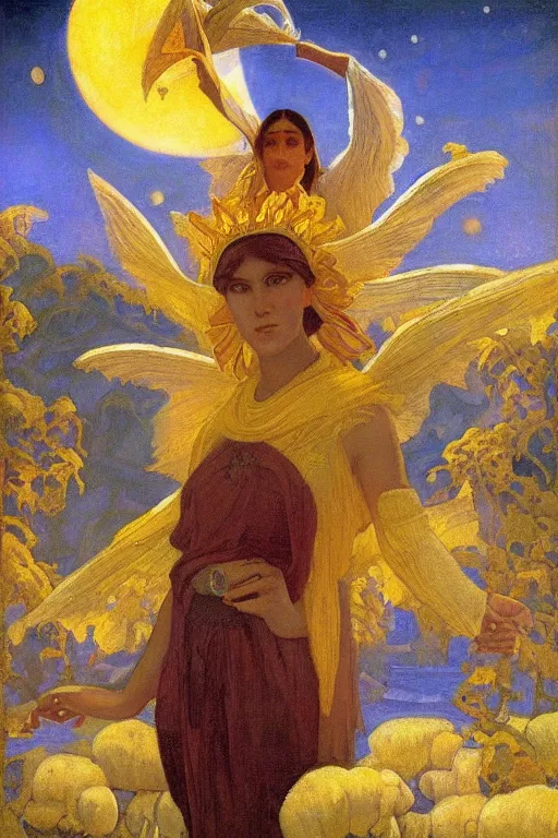 Image similar to spirit of high Summer, by Nicholas Roerich and Annie Swynnerton and Sidney Harold Meteyard, dramatic cinematic lighting , ornate headdress , flowing robes, sacred artifacts, lost civilizations, smooth, sharp focus, extremely detailed