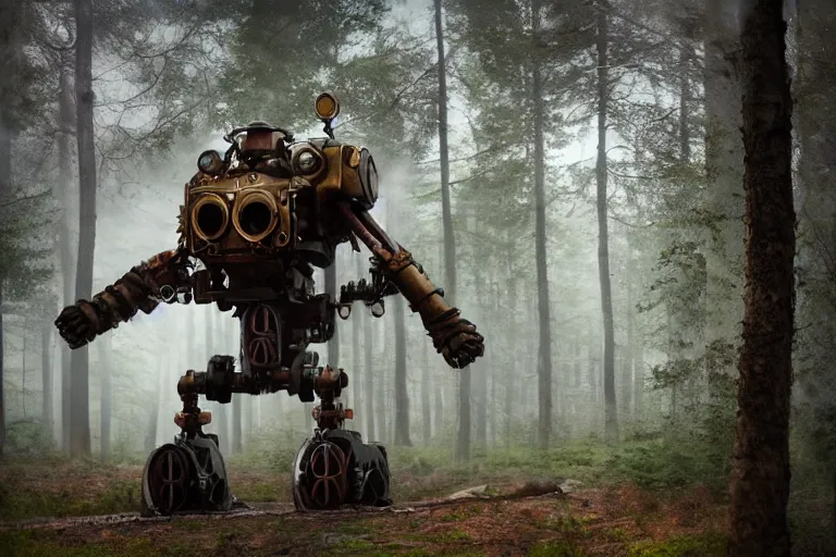 Image similar to steampunk mech standing in a swedish forest, very low angle photograph, very detailed, trending on artstation, realistic, soft colors, simon stålenhag