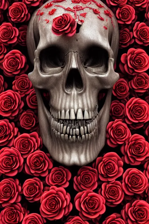 Image similar to skull made of red roses, organic horror, devil, death, giger, epic, baroque, art nouveau, james jean, photorealistic render, 3 ds max + v - ray, extremely detailed and intricate, center composition, elegant, vfx, unreal engine 5, octane render, extremely contrast, extremely sharp lines