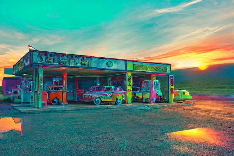 Image similar to a sunset light landscape with historical route 6 6, lots of sparkling details and sun ray ’ s, blinding backlight, smoke, volumetric lighting, colorful, octane, 3 5 mm, abandoned gas station, old rusty pickup - truck, beautiful epic colored reflections, very colorful heavenly, softlight