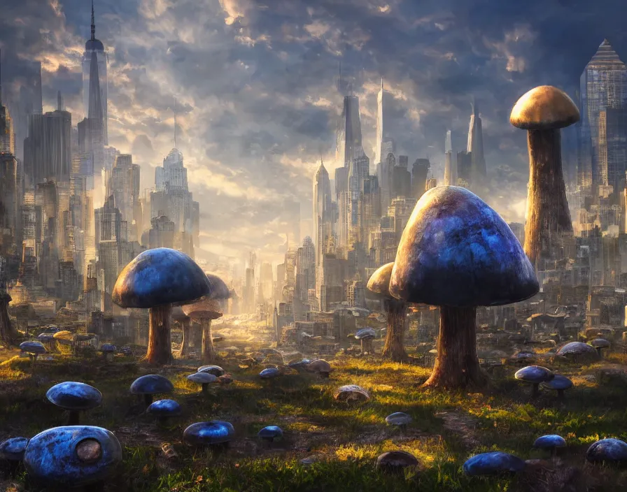 Image similar to giant metal mushrooms in new york, beautiful graphics, fantasy artwork, very beautiful scenery, hd, hdr, ue 5, ue 6, unreal engine 5, cinematic 4 k wallpaper, 8 k, ultra detailed