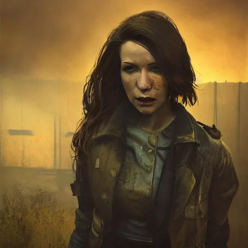 Image similar to fallout 5, charismatic beautiful rugged brunette female protagonist, portrait, outdoors low density industrial zone, atmospheric lighting, painted, intricate, volumetric lighting, beautiful, daytime, sunny weather, slight overcast, golden hour, sharp focus, deep colours, ultra detailed, by leesha hannigan, ross tran, thierry doizon, kai carpenter, ignacio fernandez rios