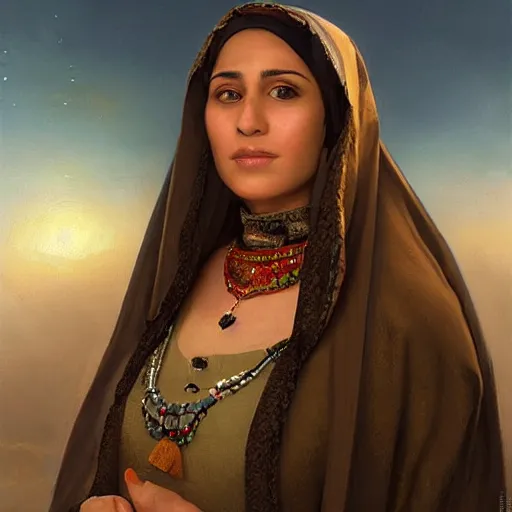 Image similar to portrait of an iraqi woman ( 3 5 ) from iraq in 2 0 2 1, an oil painting by ross tran and thomas kincade