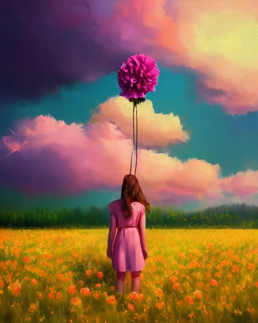 Image similar to girl with a giant carnation head, surreal photography, flower field, sunset dramatic light, impressionist painting, colorful clouds, blue sky, digital painting, artstation, simon stalenhag