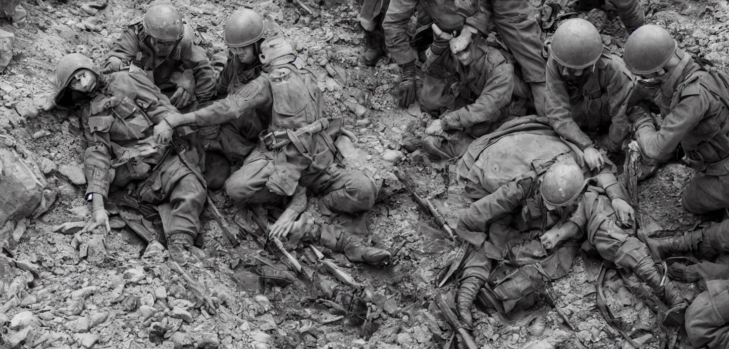 Prompt: a wounded world war two soldier is tended to in a trench by a priest and a medic, as bullets whiz by. 3 d render, ultra realistic, octane render, artstation, unreal engine 5