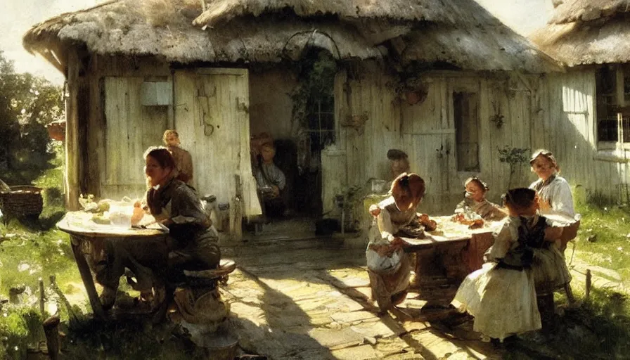 Image similar to simple villager family about to eat a meal together in their beautiful simple cottage home, art by anders zorn, wonderful masterpiece by greg rutkowski, beautiful cinematic light, american romanticism thomas lawrence, greg rutkowski