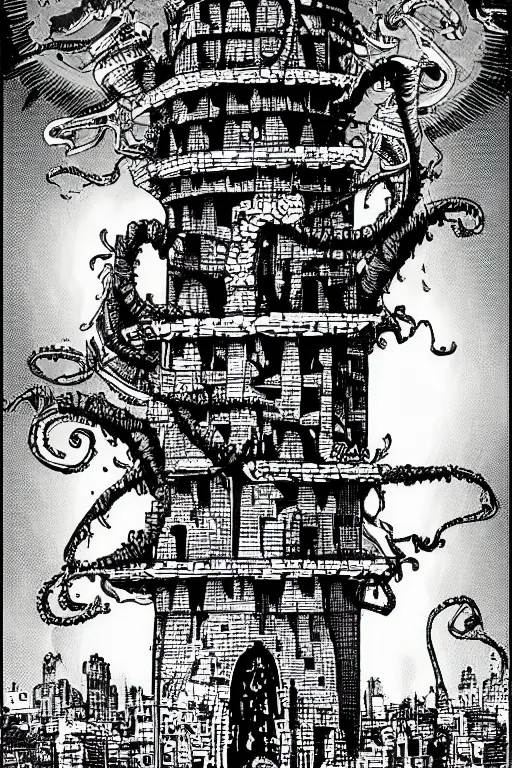 Prompt: Tower of Nyarlathotep. Comic Illustration.