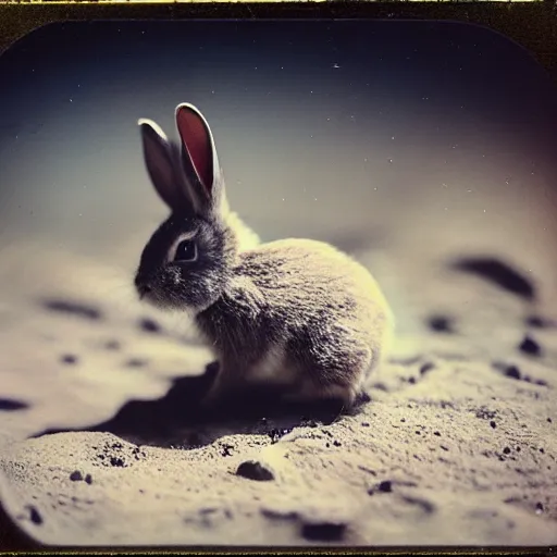 Prompt: a cute baby rabbit on the moon surface, polaroid, vintage photo, grainy, damaged, faded, very detailed realistic, 5 0 mm, dslr, hd, 8 k, hasselblad film bokeh, soft light photographed on expired color film