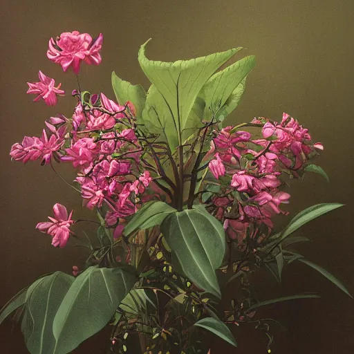 Image similar to a studio portrait of a plant! studio lighting. highly detailed. colourful. moody. by gerald brom and ansel adams and studio ghibli, lovely, sakura flowers