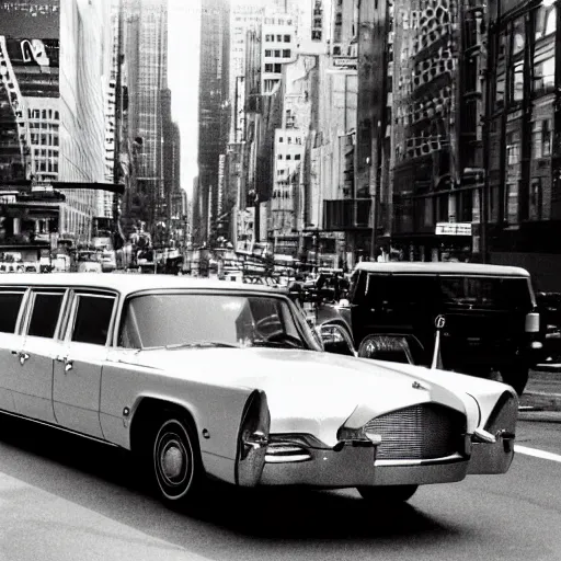 Image similar to stock photo of a sixties limousine driving in new york, by getty images