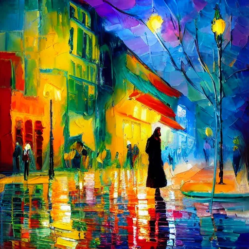 Image similar to impasto acrylic palette knife, impressionism and expressionism, strong emotional impact, bold colors, expressive brushstrokes, overall sense of movement in the composition. woman in a serene san francisco streetscape at night, trending on artstation