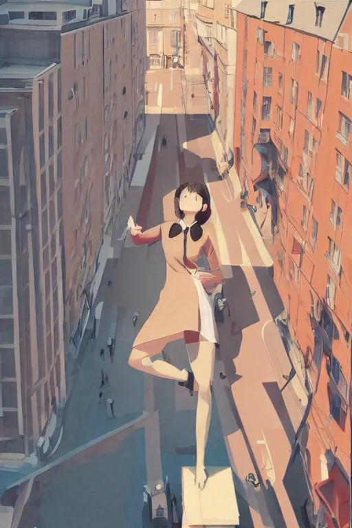 Image similar to a cute giantess wearing school uniform standing in the city which seem small, bird's eye view, strong brush stroke, sharp focus, illustration, morandi color scheme, art station, by ilya kuvshinov