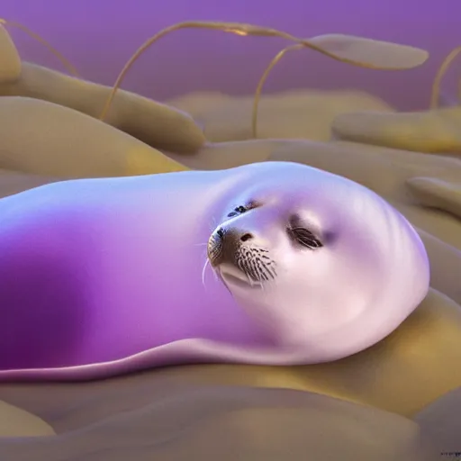 Prompt: Prince in pastel!!, A seal sleeping peacefully in a kelp forest, cinematic, hyper realistic, detailed, 8k, octane render.