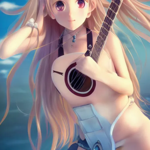 Image similar to a very beautiful little yuuki asuna playing guitar, full body, long wavy blond hair, sky blue eyes, full round face,, bikini, miniskirt, front view, mid - shot, highly detailed, cinematic wallpaper by stanley artgerm lau