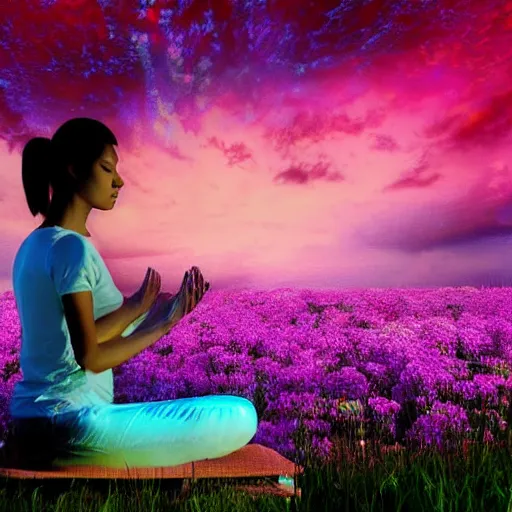 Image similar to real photo, a beautiful lady is meditating and hoping for a better future. close - up, beautiful sky, volumetric lighting, sharp focus, ultra detailed, - w 1 0 2 4 - n 8 - i