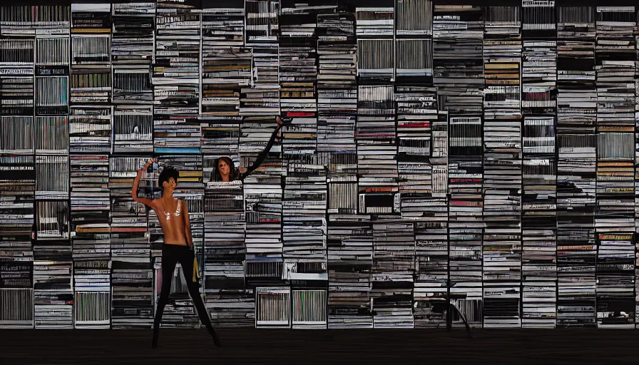 Image similar to warrior women guarding a wall of records, synthesizers, turntables and computers, dark, realistic, intimidating