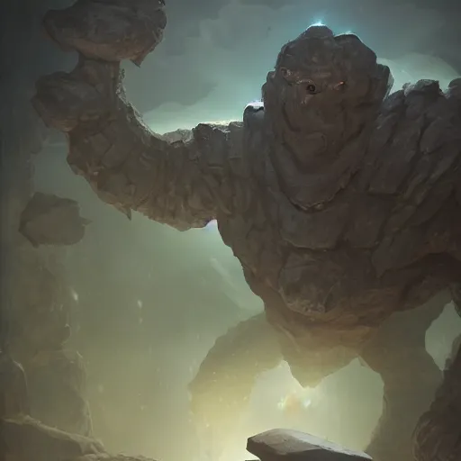 Prompt: The elemental stone golem made of large boulders with elemental magic seeping from the cracks, d&d art, fantasy, painted, 4k, high detail, sharp focus, artstation