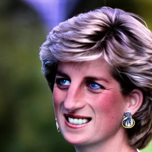 Prompt: princess diana being beamed up to a UFO