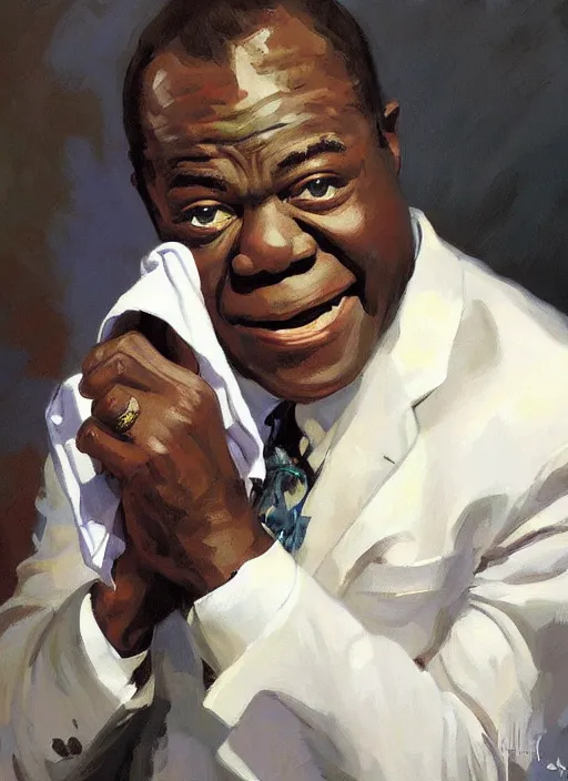 Prompt: a portrait of louis armstrong holding a white handkerchief, by greg manchess, dramatic lighting, highly detailed digital painting