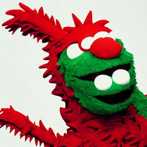 Image similar to godzilla elmo hybrid destroying sesame street