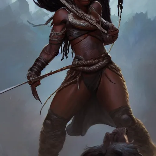 Prompt: a strong, dark-skinned female archer with dreadlocks, carrying the head of an orc, D&D, highly detailed, digital painting, artstation, concept art, sharp focus, illustration, cinematic lighting, art by artgerm and greg rutkowski and alphonse mucha