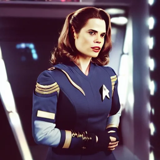 Image similar to a beautiful full body photograph of hayley atwell as a star fleet officer from star trek next generation, full dress uniform, symmetrical face, extreme realism and detail, 8 k, completely framed, direct lighting, 3 5 mm photo, photorealistic, sharp focus