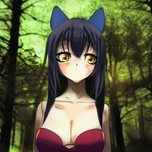 Image similar to anime catgirl spotted in forest, photograph at night with flash