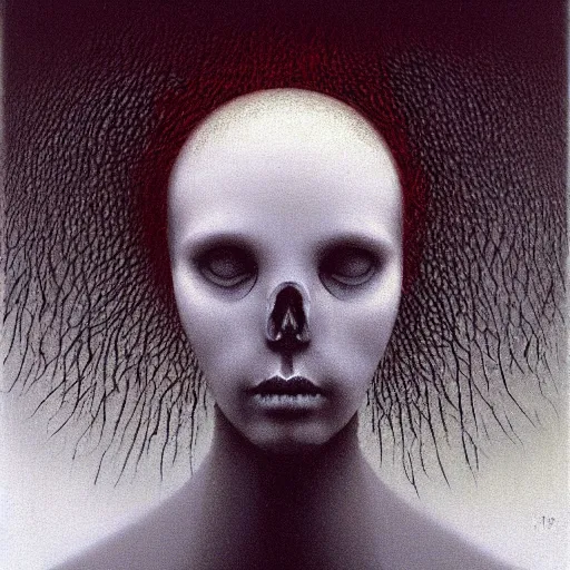 Prompt: young teen female with head of crow, painting by Beksinski