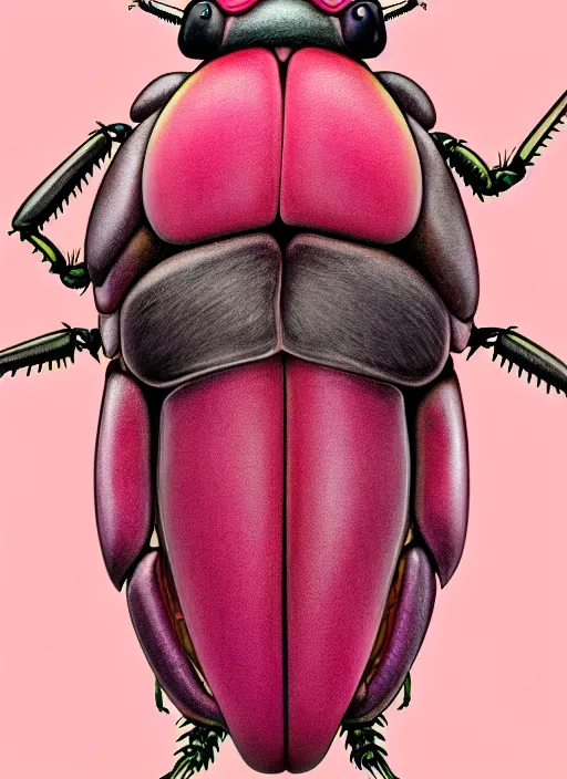 Image similar to caricature picture of a human beetle, pink insects, professionally color graded, interesting angle, sharp focus, 8 k high definition, insanely detailed, intricate, funny, art by jacob shaw and studio ghibli