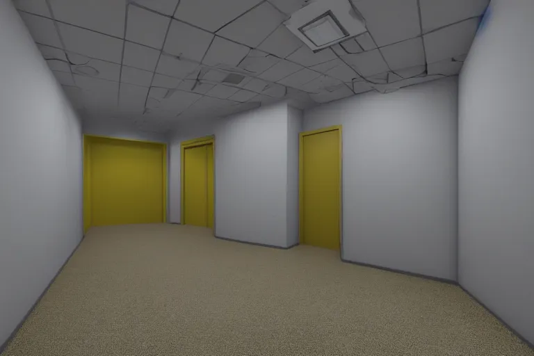 Prompt: 3 d render of jerma 9 8 5, jerma walking around in the backrooms, jerma walking in endless halls of completely empty office space with worn light mono - yellow 7 0 s wallpaper, old moist carpet, and inconsistently - placed fluorescent lighting | liminal space | non - euclidean space | high octane | blender | 3 d render