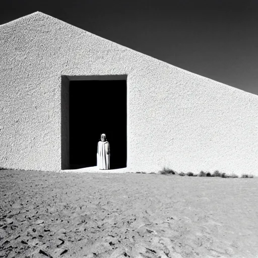 Image similar to lustful woman standing outside a Non-Euclidean orb-like clay house sitting in the desert and looking at her phone, vintage photo, beautiful cinematography, blue sky, film grain, James Turrell