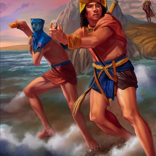 Prompt: Phoenician sailors discovering the Americas, pulp art, trending on artstation, dramatic, epic