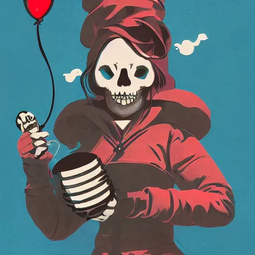 Image similar to portrait skull girl holding balloon by petros afshar, tom whalen, laurie greasley, war face by greg rutkowski