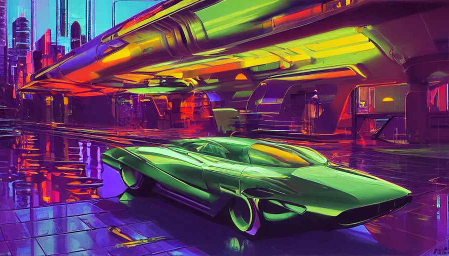 Image similar to Retro futuristic vehicle in a colorful urban landscape, neon lights reflecting in water, sci-fi concept art, by Syd Mead, highly detailed, oil on canvas