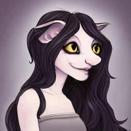 Image similar to headshot of young female furry, D&D, cute, fantasy, intricate, long hair, dark grey skin, mouse face, mouse nose, dark skin, mouse head, mouse ears, black hair, elegant, highly detailed, cartoony, artstation, concept art, smooth, sharp focus, illustration, art by Diives