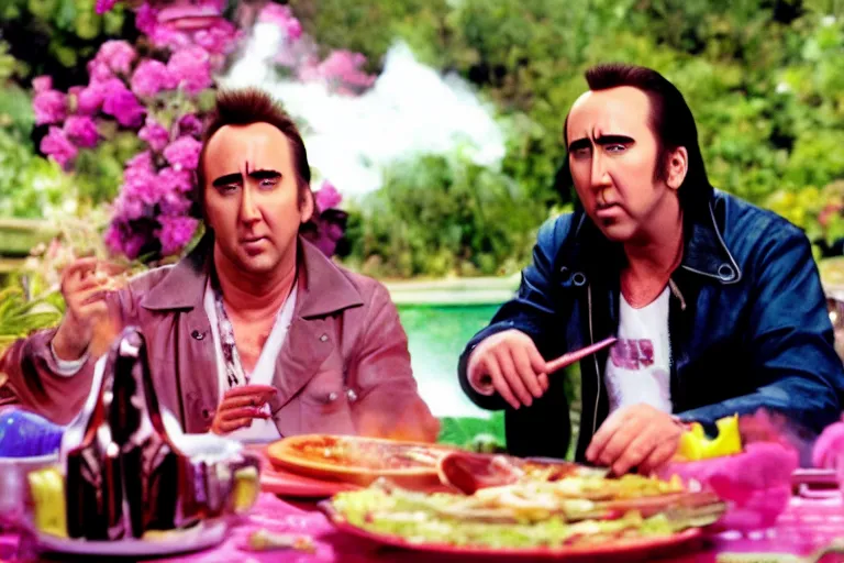 Prompt: Nicolas cage in barbie grilling high resolution still film