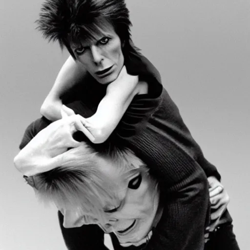 Prompt: david bowie from changes giving a piggy back ride to ziggy stardust. in the style of marcel duchamp.